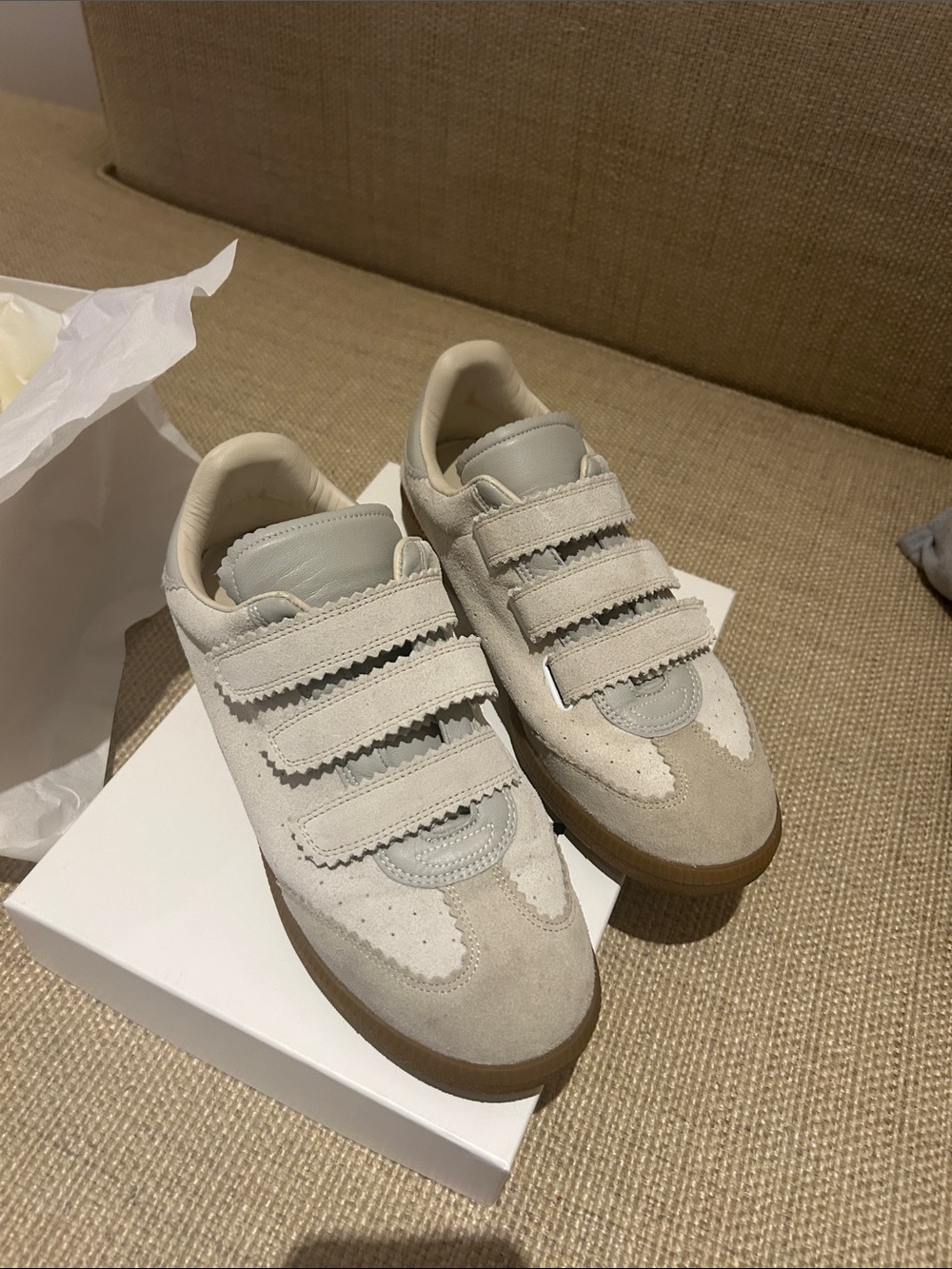 Isabel Marant Size 41 Cream Suede Velcro Sneakers with Brown Sole